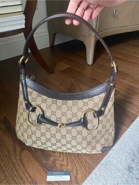 Gucci Beige GG Canvas Shoulder Bag with Dark Brown Trim and Gold Hardware